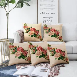 AEROHAVEN Beige & Pink 5 Pieces Floral Printed Square Cushion Covers-38