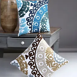 Aura White & Blue 2 Pieces Embroidered Square Cushion Covers-image-45