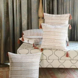 SANSKRUTIHOMES Brown & Off White 5 Pieces Striped Cotton Square Cushion Covers-12