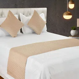 HOMADORN Beige 3 Pieces Quilted Velvet Bed Runner With Cushion Covers-21
