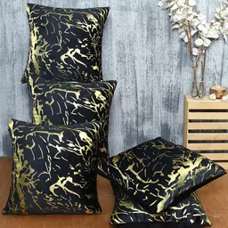ROMEE Black & Gold-Toned Set of 5 Velvet Fabric Foil  Printed Square Cushion Covers-29