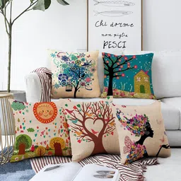 AEROHAVEN Beige & Multicoloured Set of 5 Digital Printed Quirky Square Cushion Covers-18
