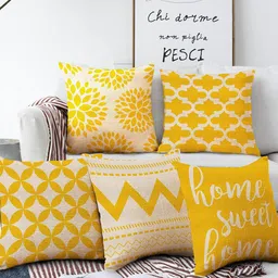 AEROHAVEN Beige & Yellow Set of 5 12"X12" Quirky Square Cushion Covers-13