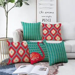 AEROHAVEN Red & Green 5 Pieces Geometric Square Cushion Covers-52