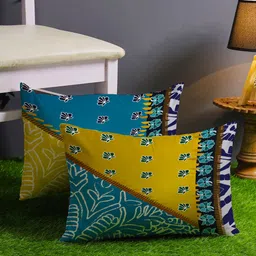 STITCHNEST Blue & Yellow Set of 2 Floral Rectangle Cushion Covers-12