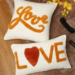 eyda Valentine White & Orange 2 Pieces Embroidered Pure Cotton Cushion Covers-picture-4