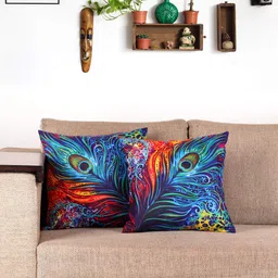 NISRAG HOME Blue and Red 2 Pieces Ethnic Motifs Mor Pankh Cushion Covers-image-80
