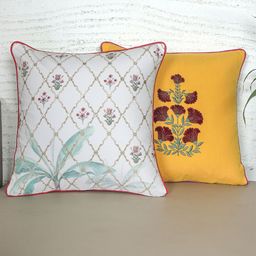ZEBA White & Yellow 2 Pieces Self Design Square Cushion Covers-50