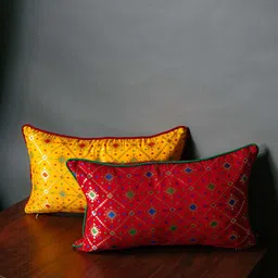 RoyalDeco Yellow & Red 2 Pieces Geometric Brocade Rectangle Cushion Covers-picture-1
