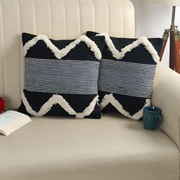 Furnistitchs Black & Cream 2 Pcs Embroidered Square Cotton Cushion Covers-1