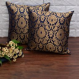 RoyalDeco 2 Pcs Navy Blue Ethnic Motifs Banarasi Brocade Silk Square Cushion Covers-21