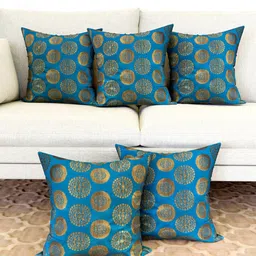 Kuber Industries Blue & Gold Toned 5 Pieces Ethnic Motifs Printed Cushion Covers-image-90