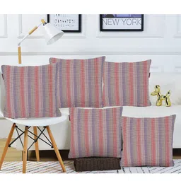 KLOTTHE Blue & Red  5 Pieces Striped Pure Cotton Square Cushion Covers-image-58