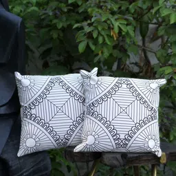 ABSTRACT INDIA White & Black Printed Cotton Square Cushion Cover-image-41