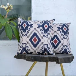 ABSTRACT INDIA White & Blue Printed Cotton Square Cushion Cover-image-51