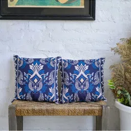 ABSTRACT INDIA White & Blue Floral Cotton Square Cushion Cover-image-40