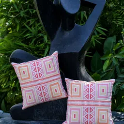ABSTRACT INDIA White & Pink Geometric Cotton Square Cushion Cover-image-52
