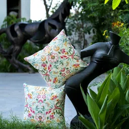 ABSTRACT INDIA White & Green Floral Cotton Square Cushion Cover-image-59