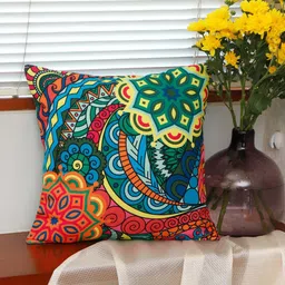ZEBA Blue & Red Floral Printed Square Cushion Cover-6
