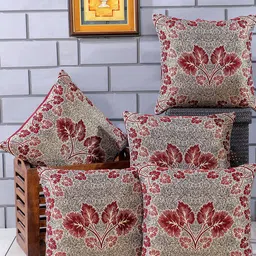 Nendle Maroon & Gold-Toned Set of 5 Floral Square Cushion Covers-image-27