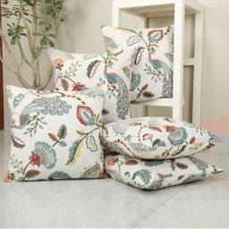 Clasiko White & Red Set of 5 Floral Square Cushion Covers-8