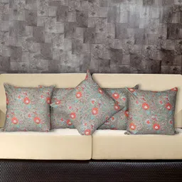 Texstylers Grey & Red 5 Pieces Printed Cotton Square Reversible Cushion Covers-31