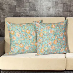 INDHOME LIFE Blue & Yellow Set of 2 Floral Square Cushion Covers-23