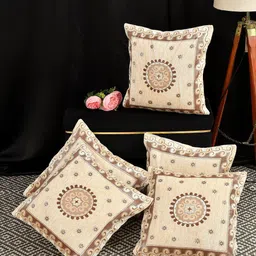 MULTITEX Beige & Brown 5 Pieces Embroidered Cotton Square Cushion Covers-image-34