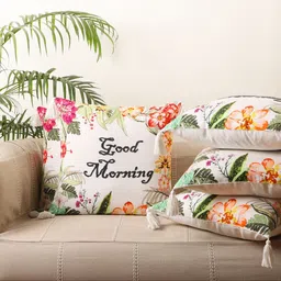 Jamio Firati Cream-Coloured & Pink Set of 5 Floral Cotton Square Cushion Covers-10
