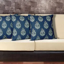 Texstylers Blue & White 3 Pieces Cotton Ethnic Motif Square Reversible Cushion Covers-18