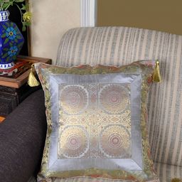 Lal Haveli Grey & Gold Toned Ethnic Motifs Square Cushion Cover-image-97