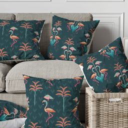 Astitva Green & Pink 5 Pcs Floral Square Silk Cushion Covers-42