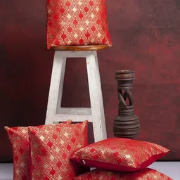 Alina decor Red & Gold-Toned 5-Pieces Ethnic Motifs Brocade Square Cushion Covers-image-15