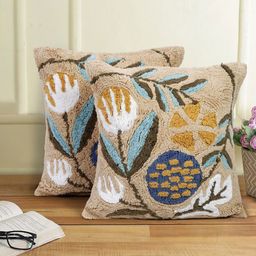 eyda Beige & Blue 2-Pieces Self-Designed Pure Cotton Square Cushion Covers-31