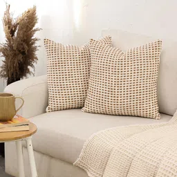 House This Girnar Brown & White 2 Pieces Self Design Cotton Square Cushion Covers-17