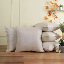 THE CONVERSION Cream-Coloured 5 Pieces Jute Cotton Square Cushion Covers-89
