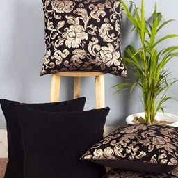 CAZIMO Black & Gold-Toned 5 Pieces Floral Textured Jacquard Square Cushion Covers-5