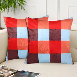 Tesmare Blue & Red 2 Pieces Checked Velvet Square Cushion Covers-image-32
