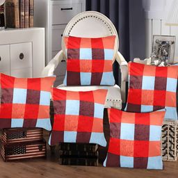 Tesmare Blue & Red 5 Pieces Checked Velvet Square Cushion Covers-image-82