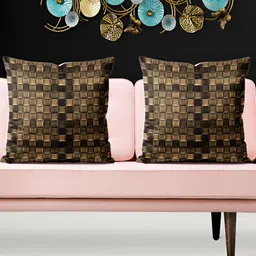 ArtzFolio Brown 5 Pieces Checked Velvet Square Cushion Covers-image-41