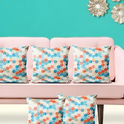 ArtzFolio Off White & Blue 5 Pieces Geometric Printed Velvet Square Cushion Covers-image-36