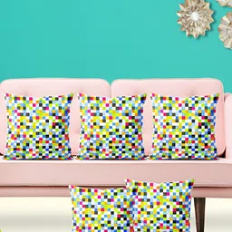 ArtzFolio White & Yellow 5 Pieces Geometric Printed Velvet Square Cushion Covers-picture-2