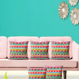 ArtzFolio Red & Blue 5 Pieces Geometric Printed Velvet Square Cushion Covers-image-91