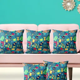ArtzFolio Teal & Yellow 5 Pieces Printed Velvet Square Cushion Covers-18