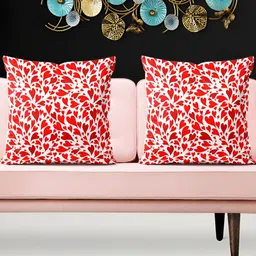 ArtzFolio White & Red 5 Pieces Geometric Printed Velvet Square Cushion Covers-4