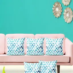 ArtzFolio White & Blue 5 Pieces Geometric Printed Velvet Square Cushion Covers-image-91
