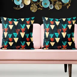 ArtzFolio Black & Yellow 5 Pieces Geometric Printed Velvet Square Cushion Covers-3