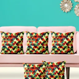 ArtzFolio Green & Red Geometric 5 Pieces Velvet Square Cushion Covers-8