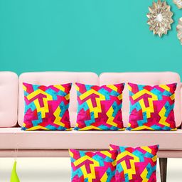 ArtzFolio Pink & Yellow 5 Pieces Geometric Velvet Square Cushion Covers-21