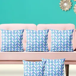 ArtzFolio White & Blue 5 Pieces Geometric Printed Velvet Square Cushion Covers-16